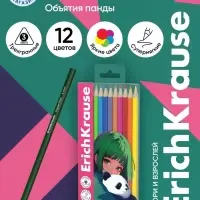 Карандаши 12 цветов ErichKrause Panda Hugs пластиковые, трехгранные, 3 мм, в ПЭТ-боксе с европодвесом