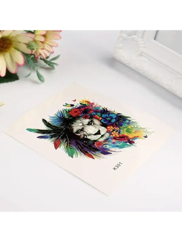 Переводная тату на тело цветная «Лев в цветах», 10×8 см