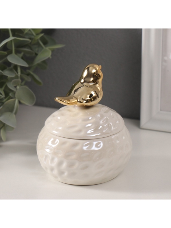 Шкатулка керамика "Золотая птичка на гнезде" белый перламутр 8,5х8,5х10 см