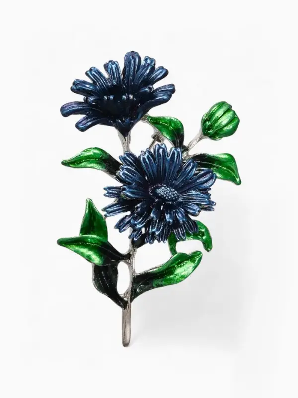 Брошь &laquo;Цветы Календулы&raquo;, синяя, зелёный в серебре