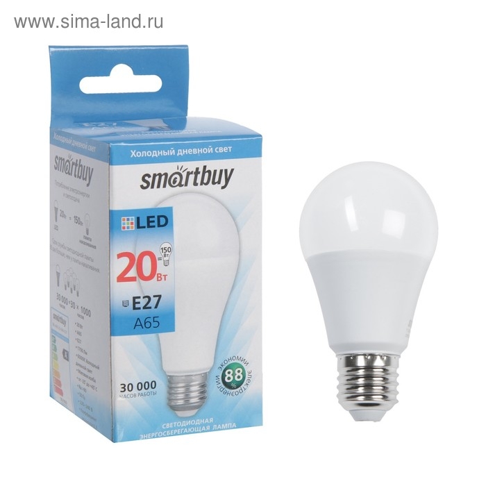 Лампа cветодиодная Smartbuy, E27, A65, 20 Вт, 6000 К, холодный белый свет Лампа cветодиодная Smartbuy, E27, A65, 20 Вт, 6000 К, холодный белый свет