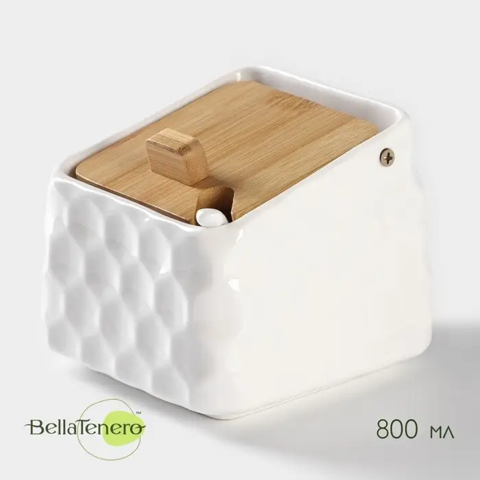 Банка для сыпучих BellaTenero, 800 мл, 14.5&times;11 см, с ложкой, с бамбуковой крышкой, фарфор, белая