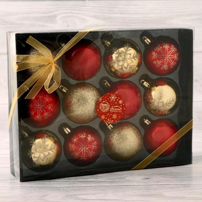 Набор шаров пластик d-6 см, 12 шт Набор шаров пластик d-6 см, 12 шт "Снежная феерия ассорти узоры" золотисто-красный