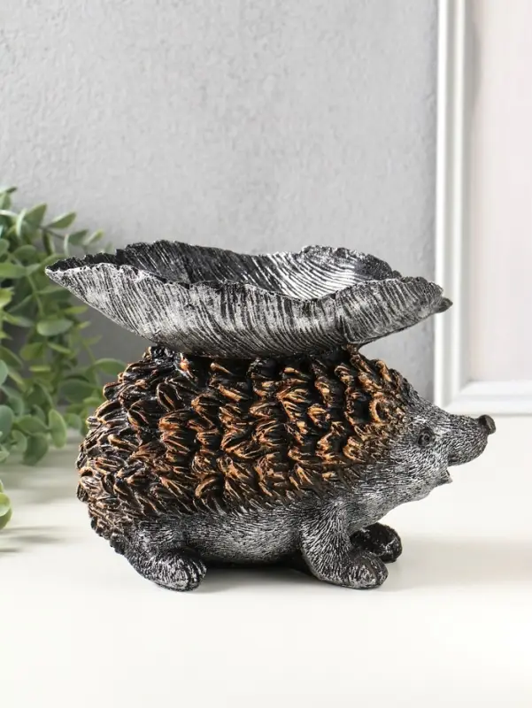 Фигура с подставкой для мелочей "Ёжик с листом" 15х21х13 см, серебро с бронзой