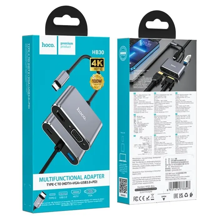 Адаптер Hoco HB30, HDMI/VGA/USB3.0/PD 15 см, серый Адаптер Hoco HB30, HDMI/VGA/USB3.0/PD 15 см, серый
