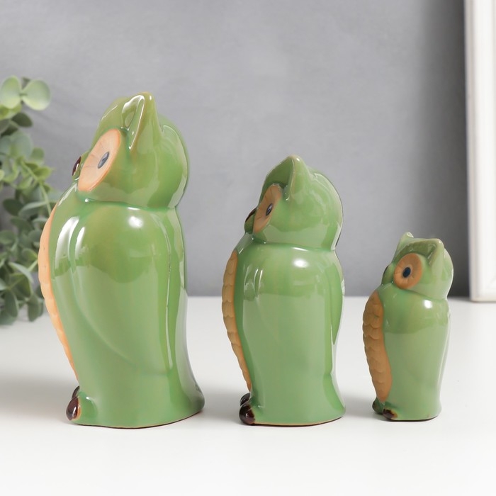 Сувенир керамика Сувенир керамика "Три филина" зелёный набор 3 шт 8,5х4,5х3,8 12х6,5х5 15х8,5х7 см