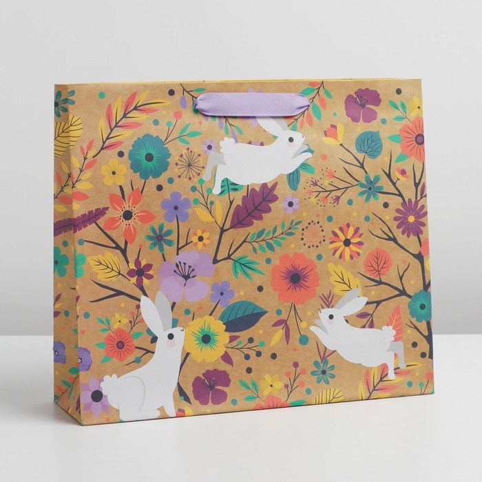 Пакет подарочный крафтовый горизонтальный, упаковка, «Present», 30 х 26 х 9 см