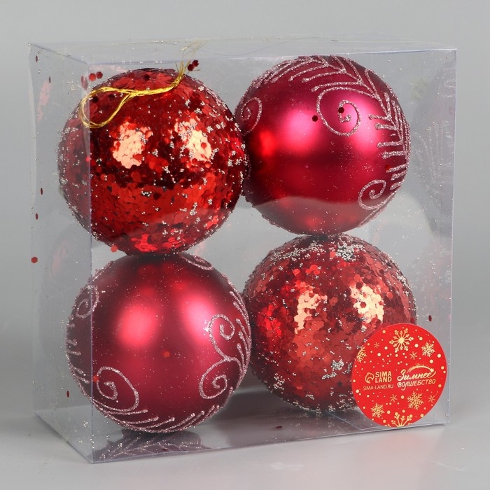 Набор шаров пластик d-8 см, 4 шт Набор шаров пластик d-8 см, 4 шт "Ночка" узоры, красный
