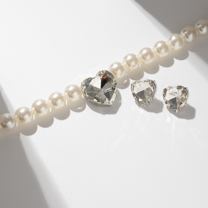 Набор 2 предмета; серьги, колье «Сердце» крупный жемчуг, цвет белый в серебре Набор 2 предмета; серьги, колье «Сердце» крупный жемчуг, цвет белый в серебре