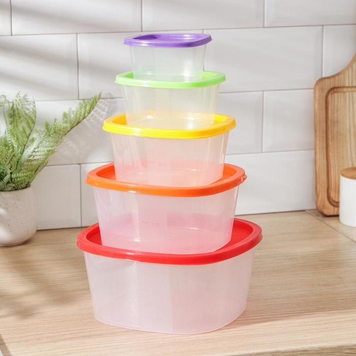 Набор пищевых контейнеров «BioFresh», 5 шт: 0,23 л, 0,5 л, 0,9 л, 1,55 л, 2,65 л, прозрачные, крышки микс