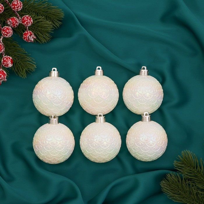 Ёлочные игрушки, шары новогодние , пластик, набор d-6 см, 6 шт "Перл" блеск, белый