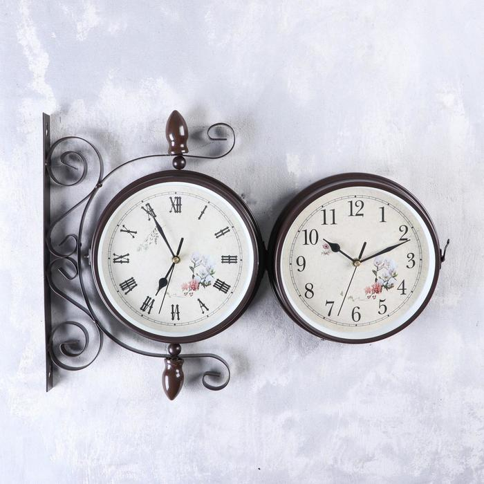 Часы настенные двусторонние, на подвесе  Часы настенные двусторонние, на подвесе "Розы", бесшумные, циферблат d-19 см, 30 х 35 см
