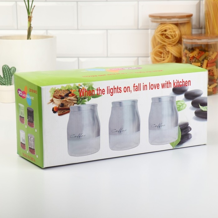 Банки стеклянные для хранения сыпучих продуктов &laquo;Мрамор&raquo;, 850 мл, 11,5&times;14,5 см, 3 шт, цвет серебряный