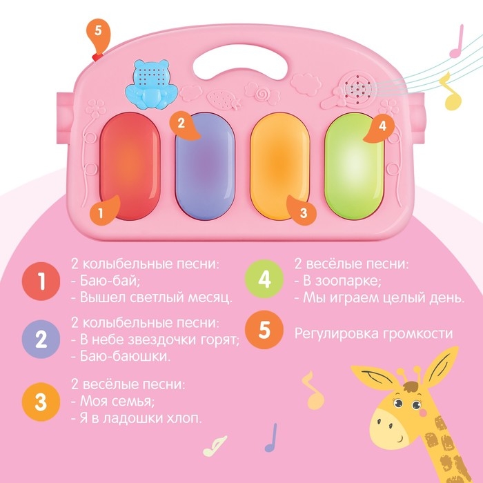 Музыкальный развивающий коврик с пианино, русская озвучка, свет, цвет розовый Музыкальный развивающий коврик с пианино, русская озвучка, свет, цвет розовый