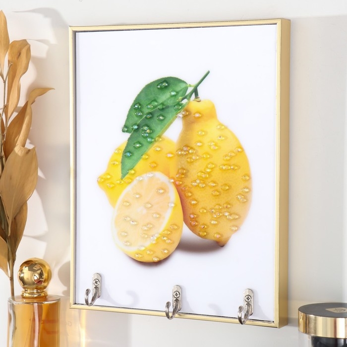 Ключница пластик, МДФ 3 крючка Ключница пластик, МДФ 3 крючка "Лимонная свежесть" стразы, золото 18,5х1,8х23,5 см