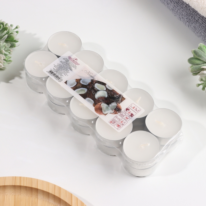 Набор чайных свечей ароматических в термоусадке Набор чайных свечей ароматических в термоусадке "Кокос", 3,8х1,6 см, 3,5 ч, 12 г, 20 штук