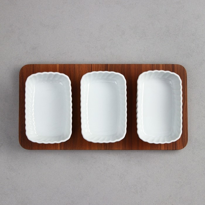 Менажница «Кармен», 3 шт: 300 мл, прямоугольная, деревянное основание, фарфор, Иран Менажница «Кармен», 3 шт: 300 мл, прямоугольная, деревянное основание, фарфор, Иран