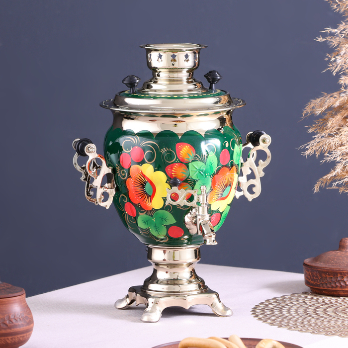 Набор «Маки на зелёном», жёлудь, 3 предмета, самовар 3 л, заварочный чайник 0,7 л, поднос Набор «Маки на зелёном», жёлудь, 3 предмета, самовар 3 л, заварочный чайник 0,7 л, поднос