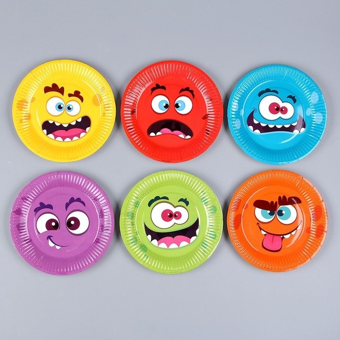 Тарелка одноразовая бумажная Тарелка одноразовая бумажная "Монстрики",микс, 18 см, набор 6 штук