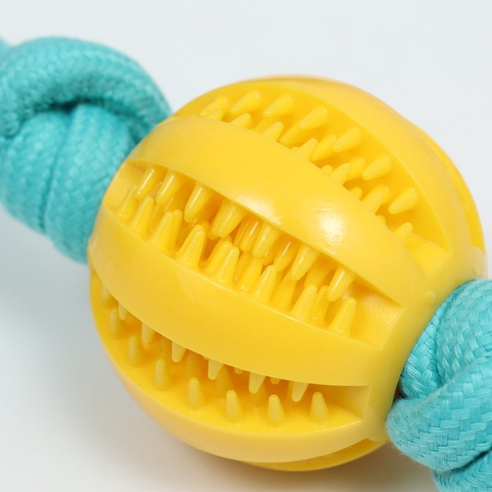 Игрушка канатная плетёная с мячом, до 45 см, до 115 г, голубая/желтая Игрушка канатная плетёная с мячом, до 45 см, до 115 г, голубая/желтая