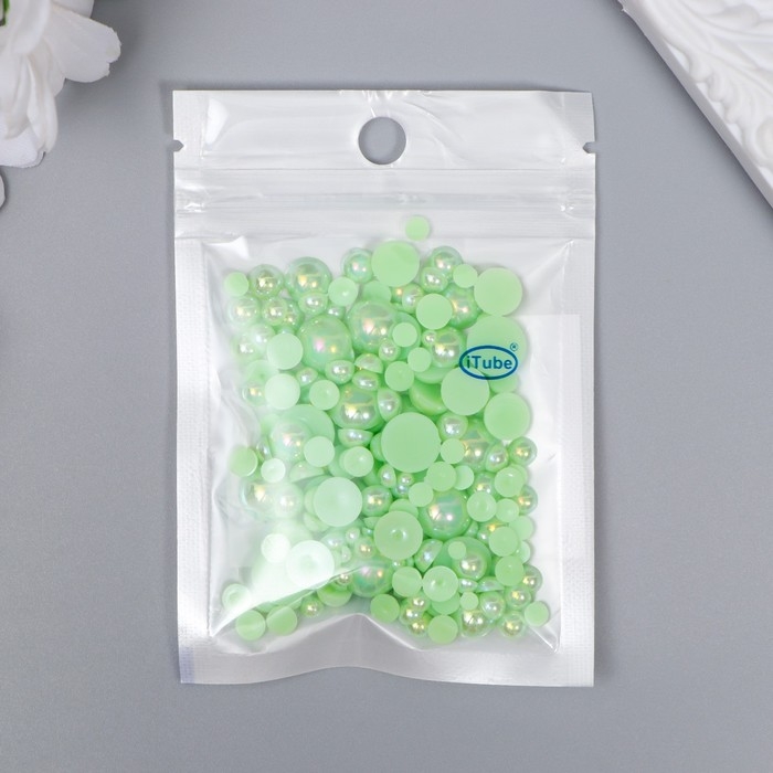 Декор для творчества пластик Декор для творчества пластик "Половинки бусин. Светло-зелёный перламутр" d=3-10мм, н-р 10 гр 74596