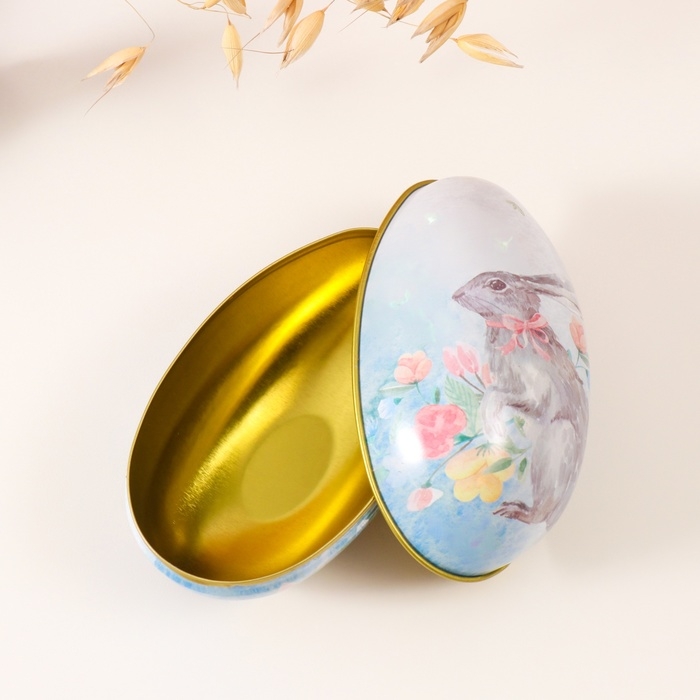 Шкатулка металл яйцо  Шкатулка металл яйцо "Пасхальный зайка с бантом в цветах" 7х6,5х11 см