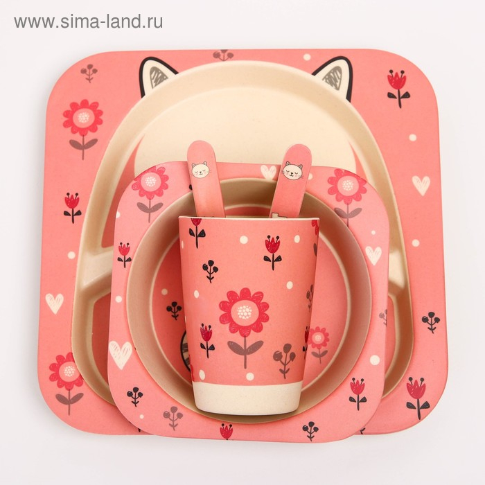 Набор детской бамбуковой посуды «Кошечка», тарелка, миска, стакан, приборы, 5 предметов Набор детской бамбуковой посуды «Кошечка», тарелка, миска, стакан, приборы, 5 предметов