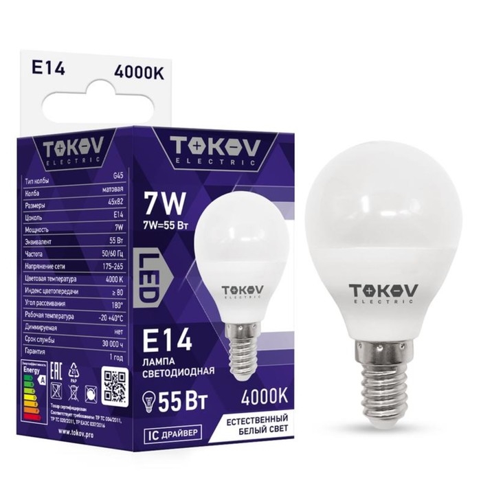 Лампа светодиодная TOKOV ELECTRIC, 7 Вт, G45, 4000 К, Е14, 176-264В Лампа светодиодная TOKOV ELECTRIC, 7 Вт, G45, 4000 К, Е14, 176-264В