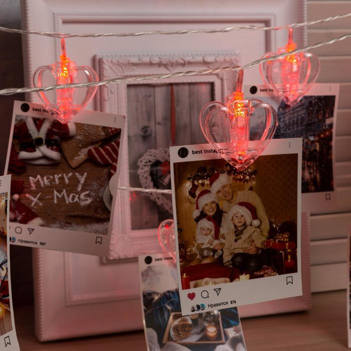 Гирлянда «Нить» 4.5 м с насадками «Прищепки-сердце», IP20, прозрачная нить, 20 LED, свечение красное, 220 В Гирлянда «Нить» 4.5 м с насадками «Прищепки-сердце», IP20, прозрачная нить, 20 LED, свечение красное, 220 В