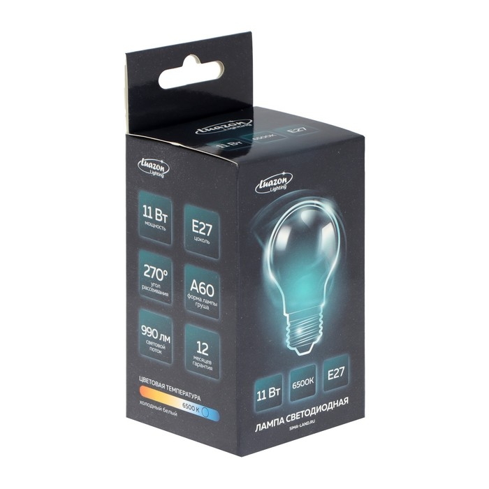 Лампа светодиодная Luazon Lighting, A60, 11 Вт, E27, 990 Лм, 6500 К, холодный белый Лампа светодиодная Luazon Lighting, A60, 11 Вт, E27, 990 Лм, 6500 К, холодный белый