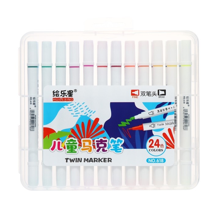 Набор маркеров, двусторонние, пулевидный и скошенный наконечники, 24 цветов Набор маркеров, двусторонние, пулевидный и скошенный наконечники, 24 цветов