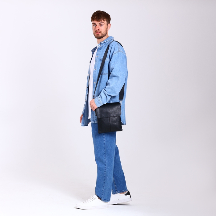 Сумка мужская на молниях Terra Dever, длинный ремень, цвет чёрный