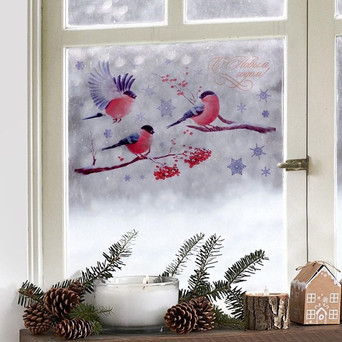 Наклейки новогодние на окна «Снегири», 20 х 34 см, Новый год Наклейки новогодние на окна «Снегири», 20 х 34 см, Новый год