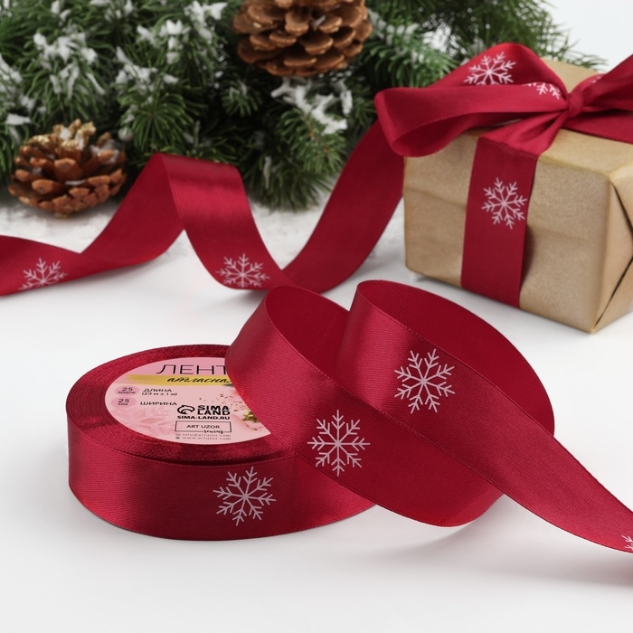 Новый год! Лента атласная «Снежинки», 25 мм, 23 ± 1 м, цвет красный/белый №033 Новый год! Лента атласная «Снежинки», 25 мм, 23 ± 1 м, цвет красный/белый №033