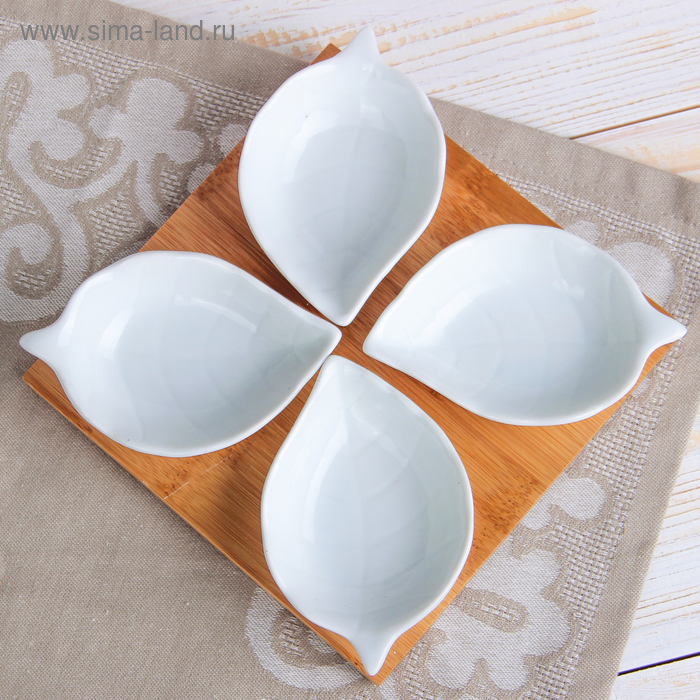 Набор салатников керамических на деревянной подставке «Эстет. Лист», 4 предмета: 50 мл, цвет белый Набор салатников керамических на деревянной подставке «Эстет. Лист», 4 предмета: 50 мл, цвет белый