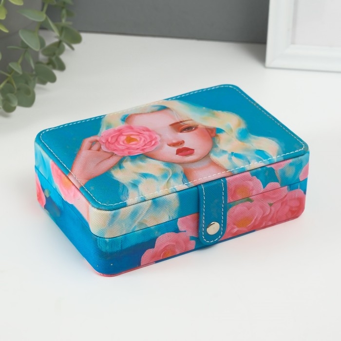 Шкатулка кожзам для украшений  Шкатулка кожзам для украшений "Девушка с розовым пионом" 11х16х5,5 см