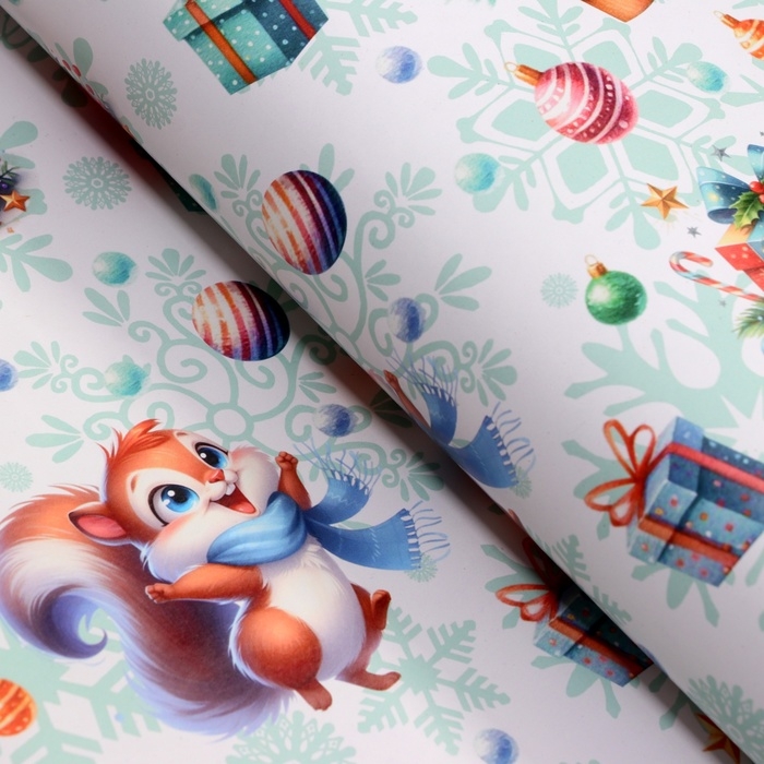 Новый год. Бумага упаковочная новогодняя  Новый год. Бумага упаковочная новогодняя "Белочка", глянец, 1 лист, 80 г/м2 , 70 х 100 см