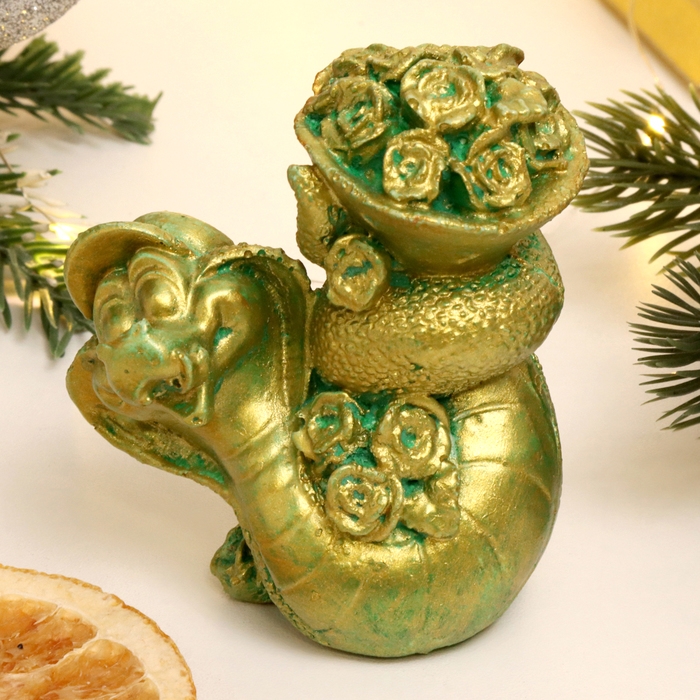 Новый год. Символ 2025. Фигура Новый год. Символ 2025. Фигура "Змея с цветами" зеленый с позолотой, 7х7х5см