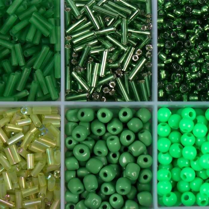 Бисер стекло 2/0, 6/0, 8/0, 12/0 в шкатулке  Бисер стекло 2/0, 6/0, 8/0, 12/0 в шкатулке "Зелёный" стеклярус 12,5х6,5х2 см