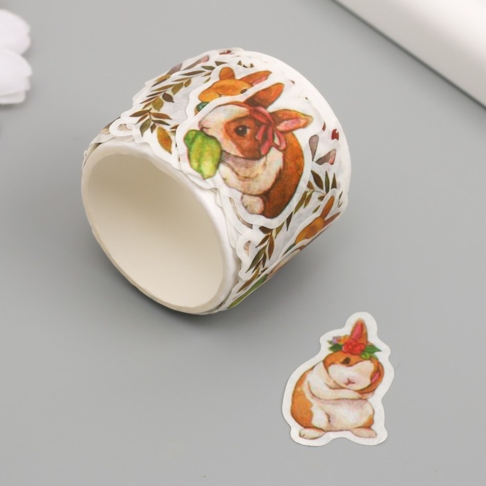 Наклейка бумага Наклейка бумага "Зайчики в саду" d=3 см 100 шт в рулоне 3,5х3,5 см