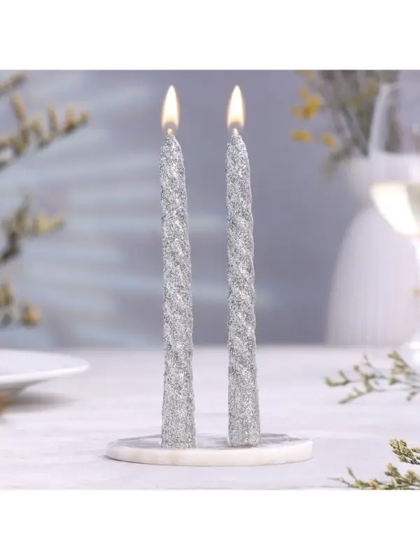Набор свечей витых, 1.5&times;15 см, 2 шт., блестки, серебро