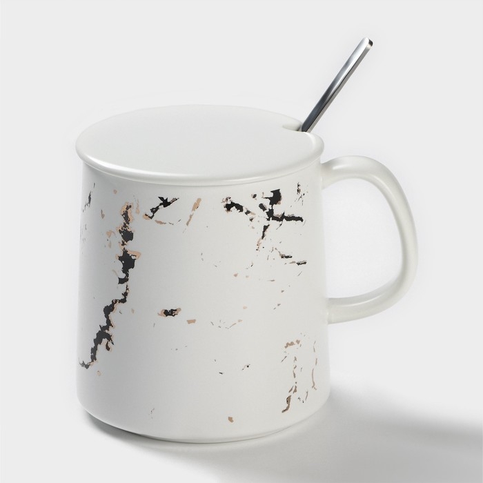 Кружка керамическая с ложкой «Белый мрамор», 350 мл, цвет белый Кружка керамическая с ложкой «Белый мрамор», 350 мл, цвет белый