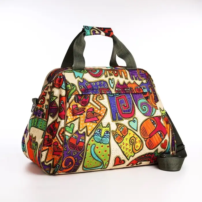 Сумка дорожная на молнии, 2 наружный кармана, длинный ремень, цвет бежевый/разноцветный Сумка дорожная на молнии, 2 наружный кармана, длинный ремень, цвет бежевый/разноцветный