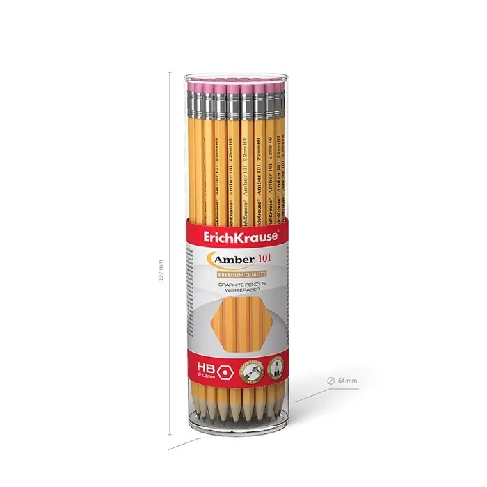 Карандаш чернографитный с ластиком ErichKrause Amber 101, НВ, грифель d=2.2 мм, дерево, шестигранный в тубусе Карандаш чернографитный с ластиком ErichKrause Amber 101, НВ, грифель d=2.2 мм, дерево, шестигранный в тубусе
