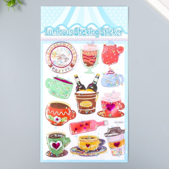 Наклейка пластик объёмные с глиттером Наклейка пластик объёмные с глиттером "Напитки/Десерты" золото/серебро МИКС