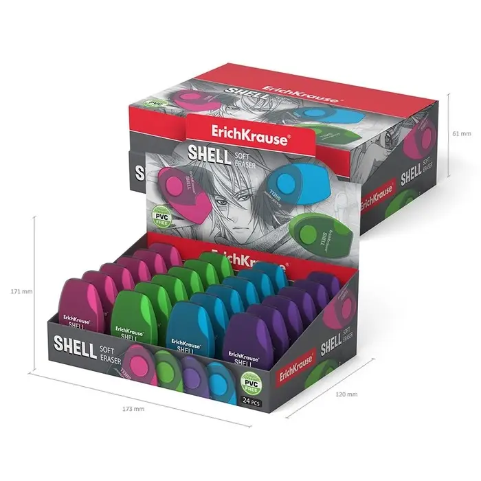 Ластик в пластиковом футляре ErichKrause Shell, мягкий, гипоаллергенный, МИКС