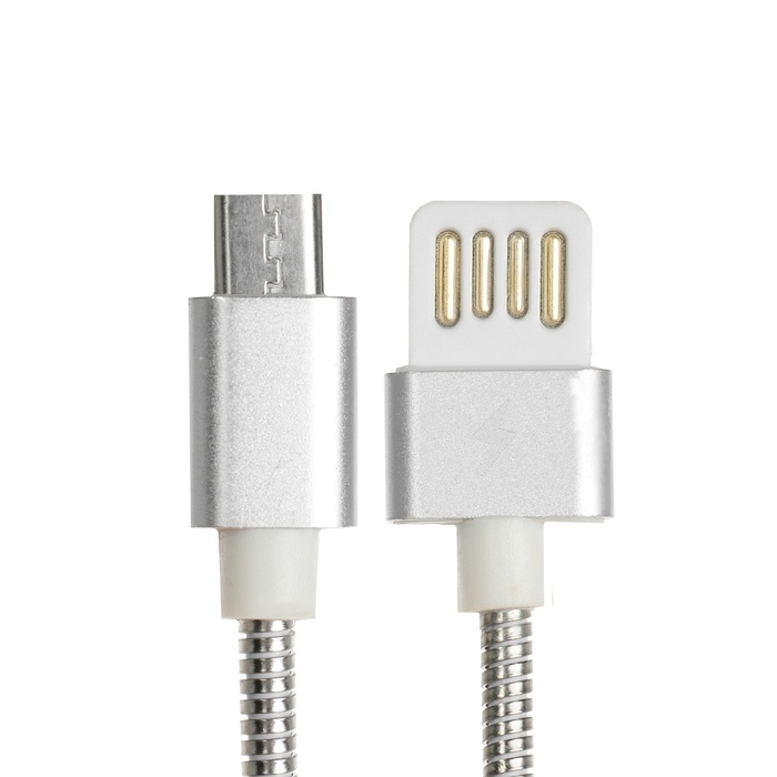 Кабель MicroUSB - USB, 2.1 А, металлическая оплётка, 1 метр, серебристый Кабель MicroUSB - USB, 2.1 А, металлическая оплётка, 1 метр, серебристый