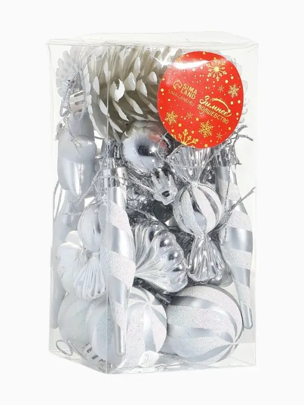 Набор украшений пластик 26 шт Набор украшений пластик 26 шт "Праздничный хоровод" 4 см, серебро