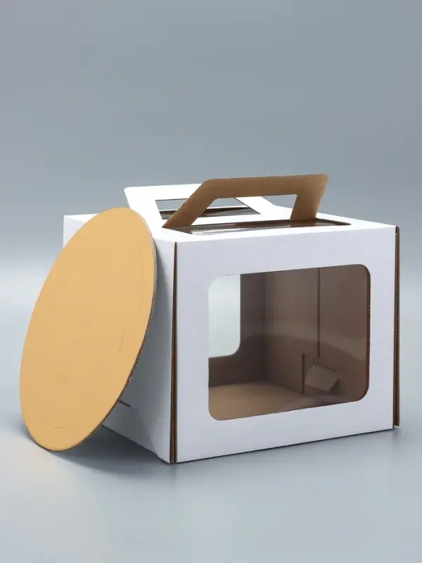 Коробка под торт 2 окна, с ручками, белая, + подложка 2.5 золото - белый, 24&times;24&times;20 см