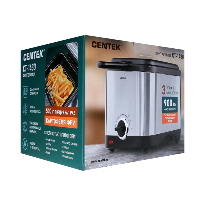 Фритюрница Centek CT-1430, 900 Вт, 1.5 л , антипригарная чаша, серебристая Фритюрница Centek CT-1430, 900 Вт, 1.5 л , антипригарная чаша, серебристая